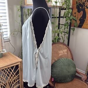 Vintage Blue Lace Trim Side Bow Spaghetti Strap Camisole Chemise Tunic Top